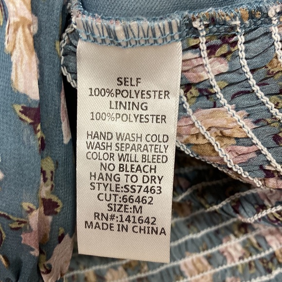 She + Sky size M Floral Blue Pink Crop Top Long Sheer Sleeve Smocked - Picture 5 of 8